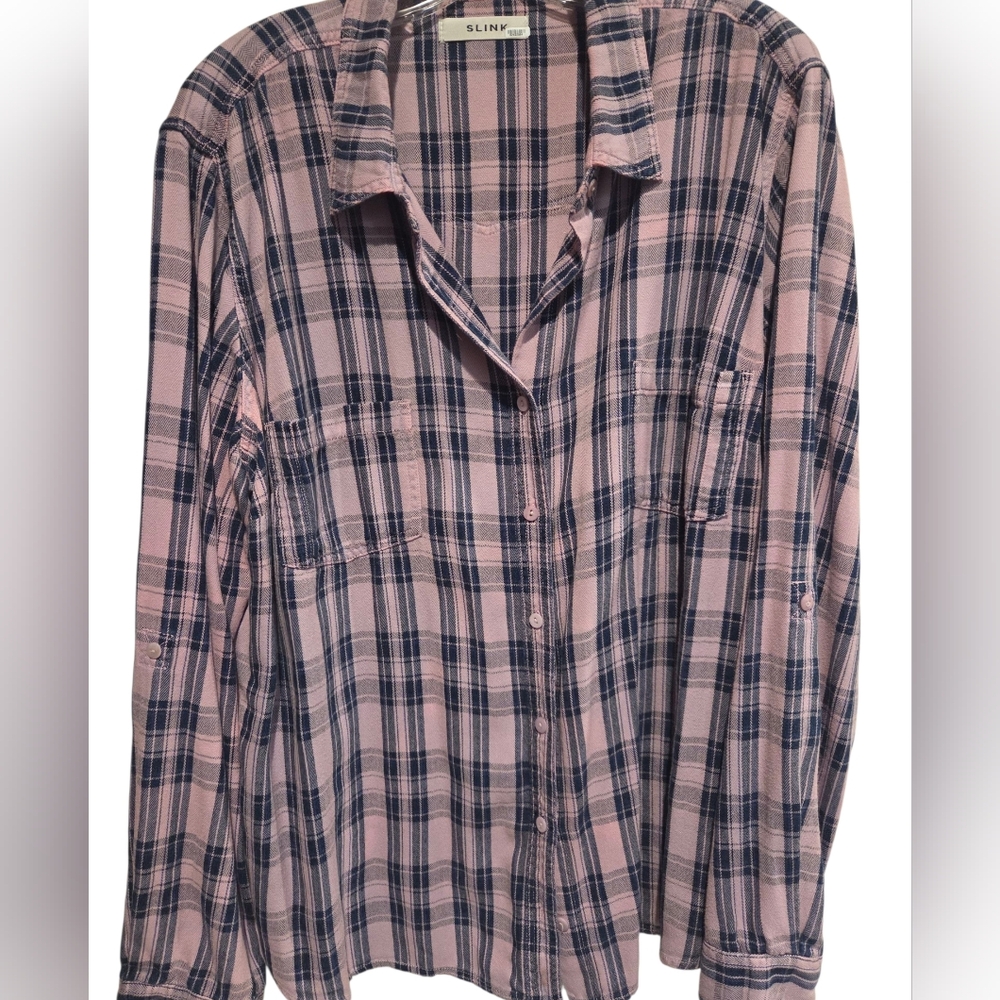 Slink Button Down Plaid Top Lavender And Blue Size 3.